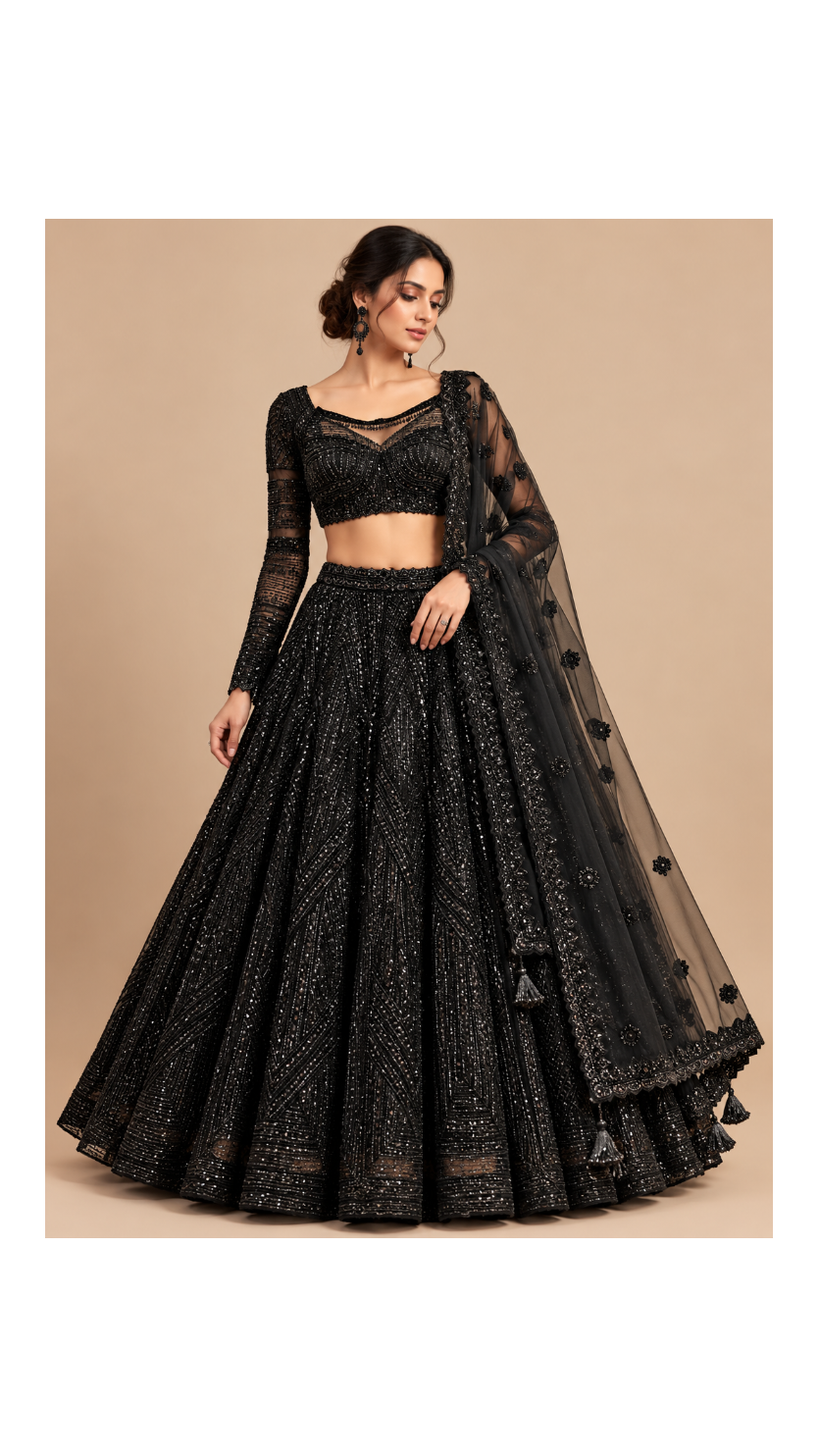 Midnight Black Geometric Sequin Bridal Lehenga