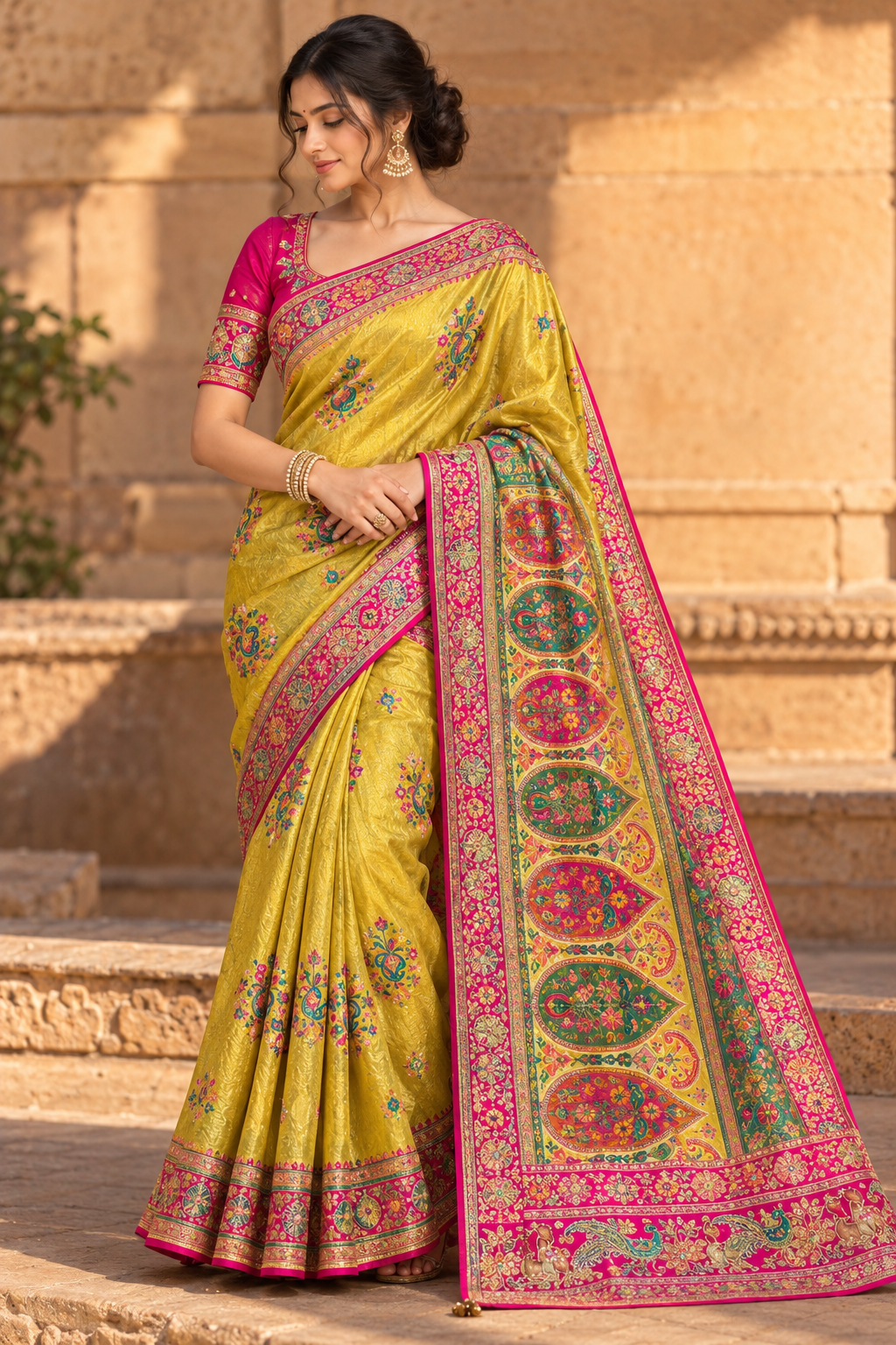 Golden Yellow Traditional Saree with Rani Pink Ornate Border Main image