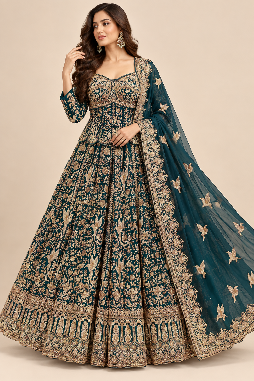 Peacock Teal Green Hand-Embroidered Silk Corset Peplum & Kalidar Lehenga Set with Dupatta Main image