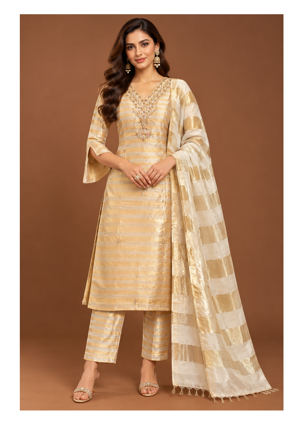 Ivory Gold Striped Chanderi Kurta Set