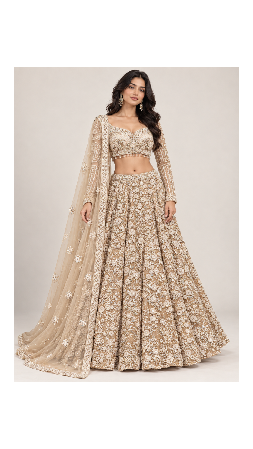 Champagne Pearl Floral Bridal Lehenga Set