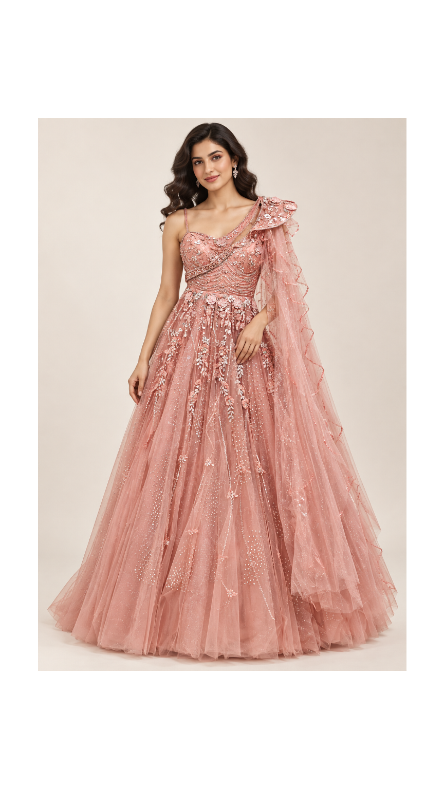 Dusty Rose 3D Floral Embellished Gown with Shoulder Drape