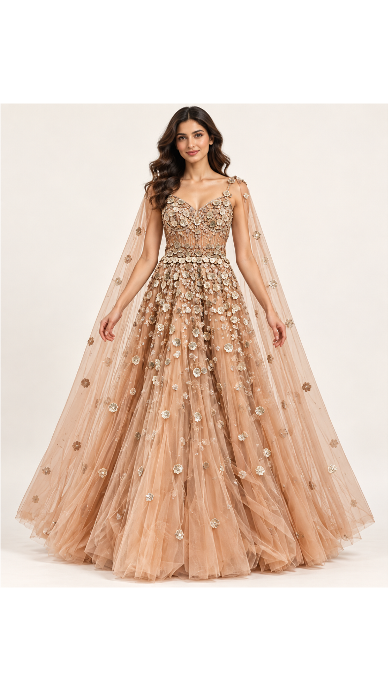 Champagne Gold 3D Floral Corset Ballgown with Cape Sleeves