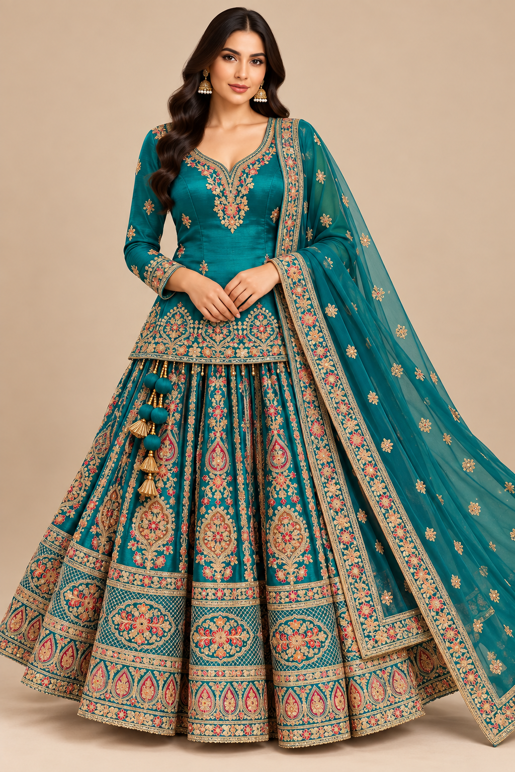 Peacock Teal Hand-Embroidered Short Kurti & Flared Skirt Set with Dupatta (Lehenga-Kurti Suit)