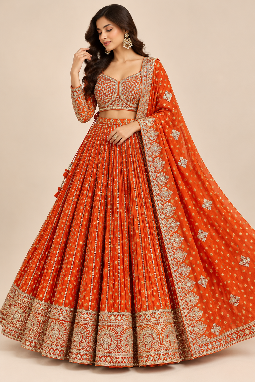 Tangerine Orange Hand-Embroidered Georgette Lehenga Choli Set with Dupatta