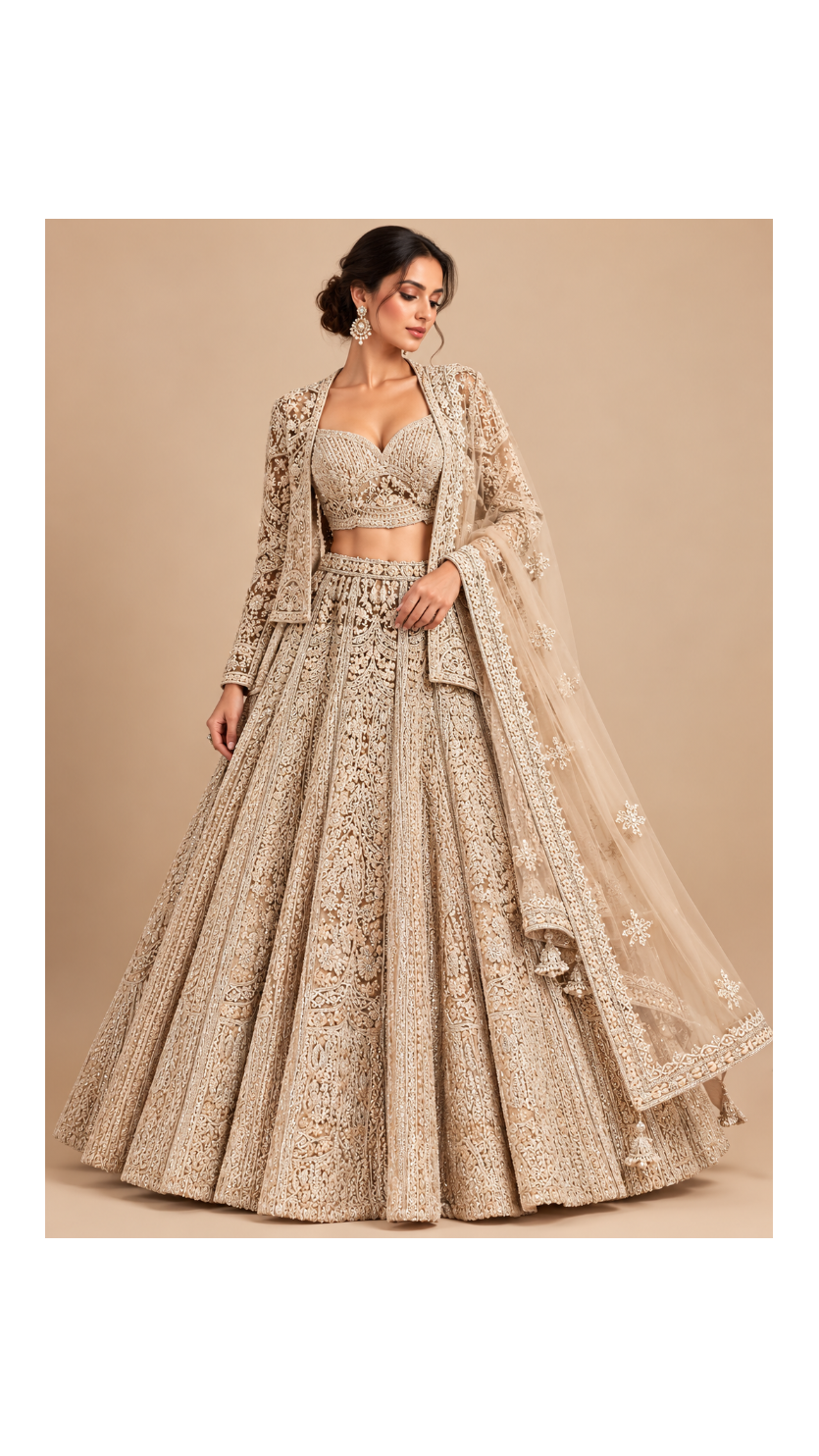 Ivory Champagne Filigree Bridal Lehenga Set