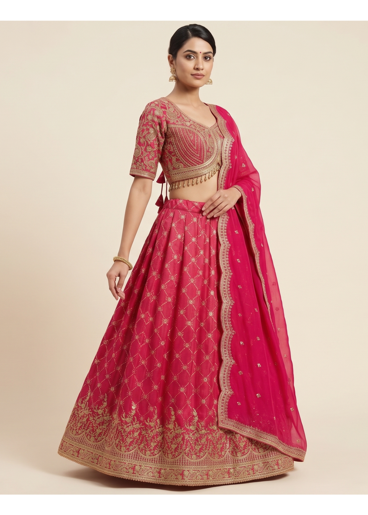 Rani Pink Silk Lehenga Set with Embroidered Elbow Sleeve Blouse Main image