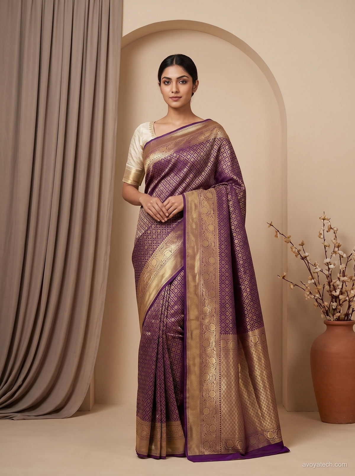 Deep Purple Banarasi Silk Saree with Antique Gold Zari Weave