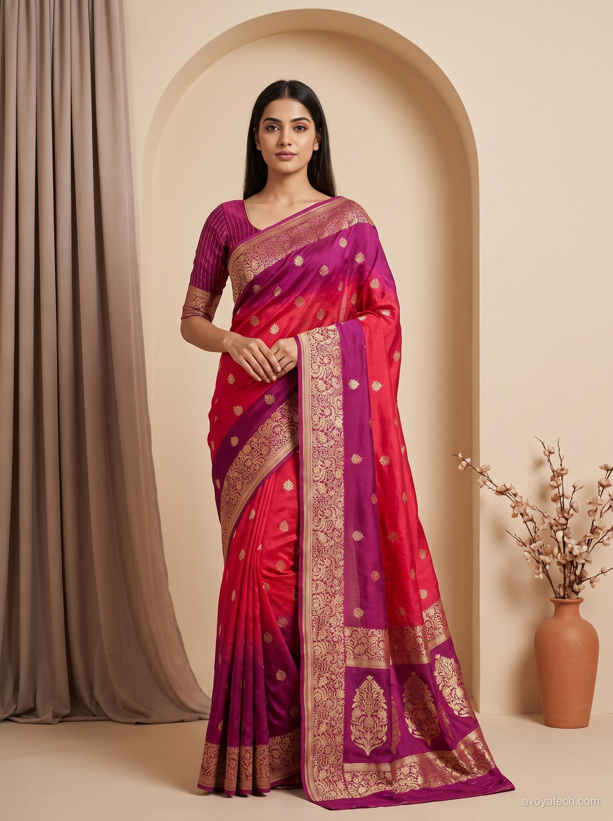Dual-Tone Magenta & Coral Pink Silk Saree with Zari Motifs