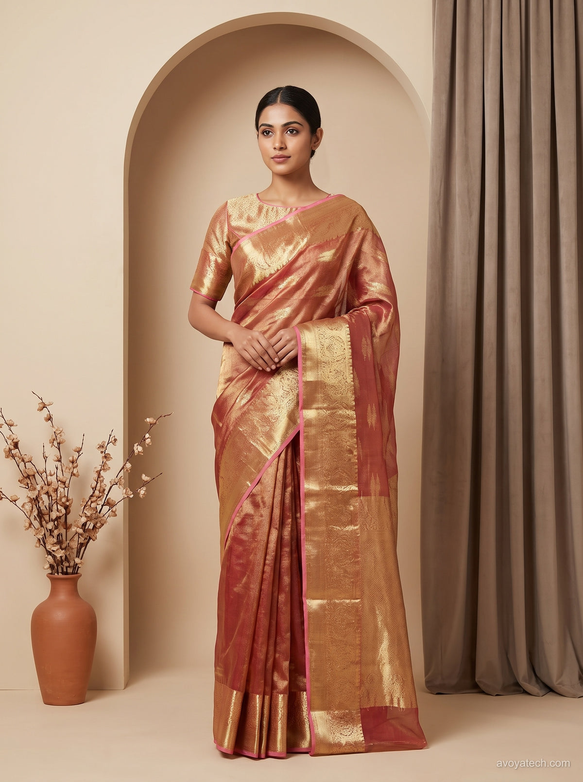 Rose Gold Copper Tissue Silk Saree with Rich Golden Zari Border