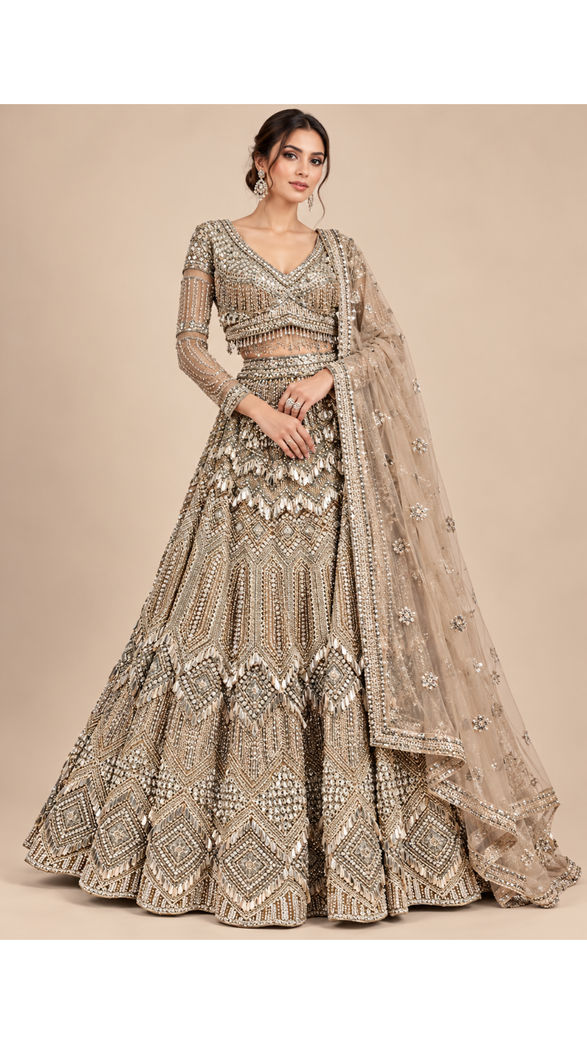 Antique Gold Mirror Work Bridal Lehenga Main image