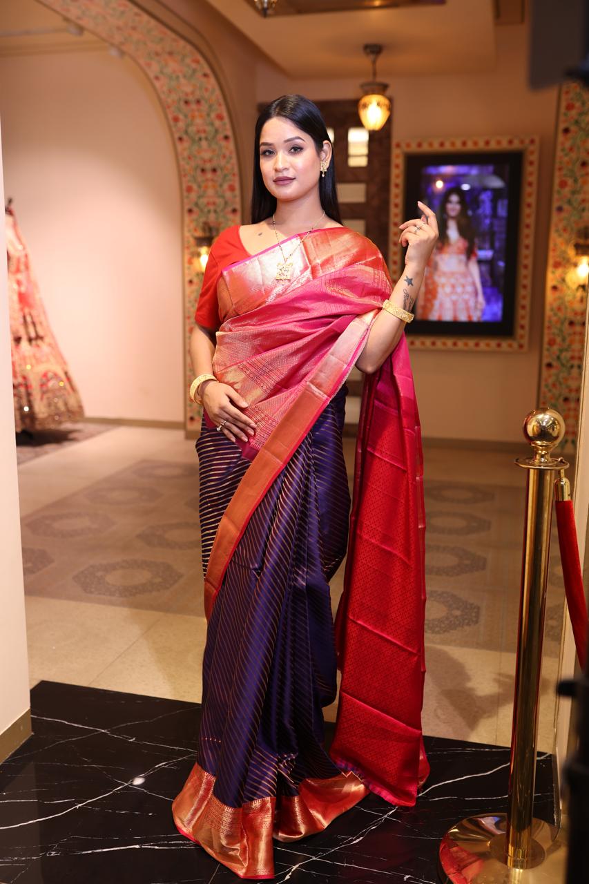 Exquisite Purple and Red Kanjeevaram Silk Saree with Zari Border