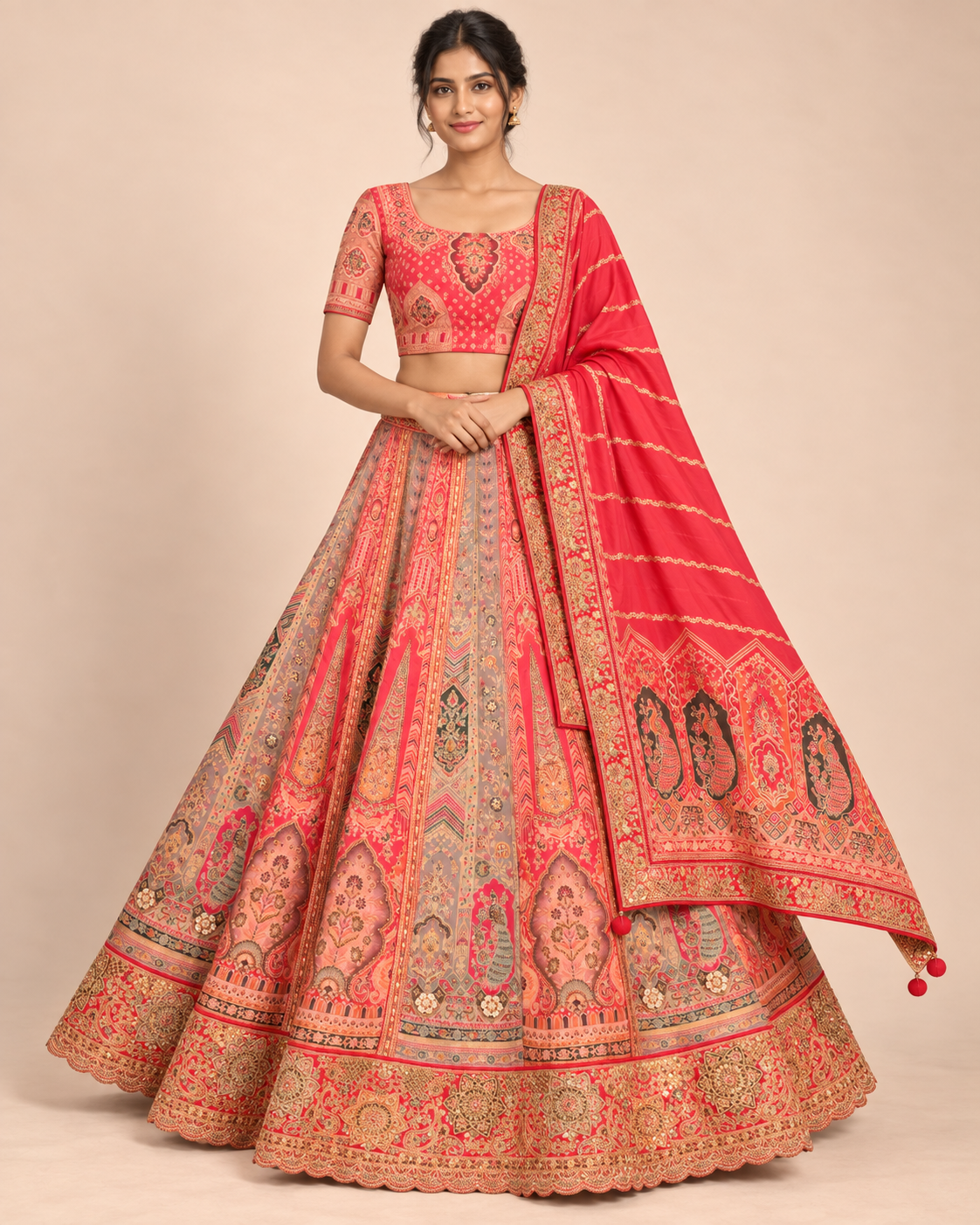 Coral Pink Kalamkari Silk Embroidered Lehenga Set