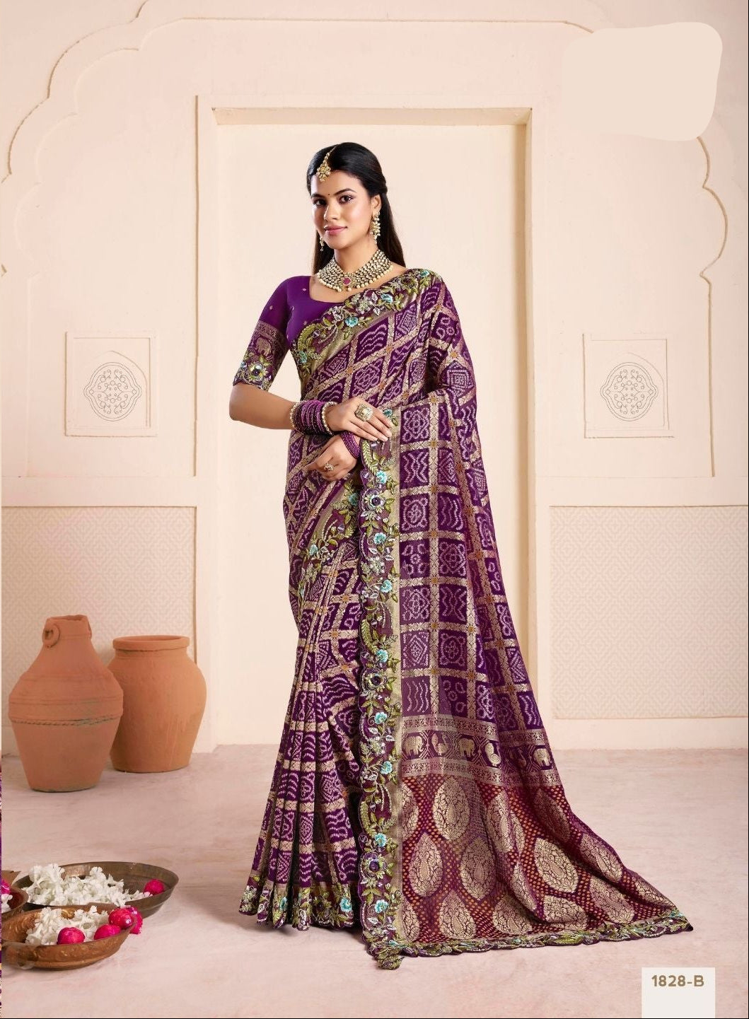 order Festive Rani Pink Gajanand Bandhej Silk Saree with Embroidered Borders for women