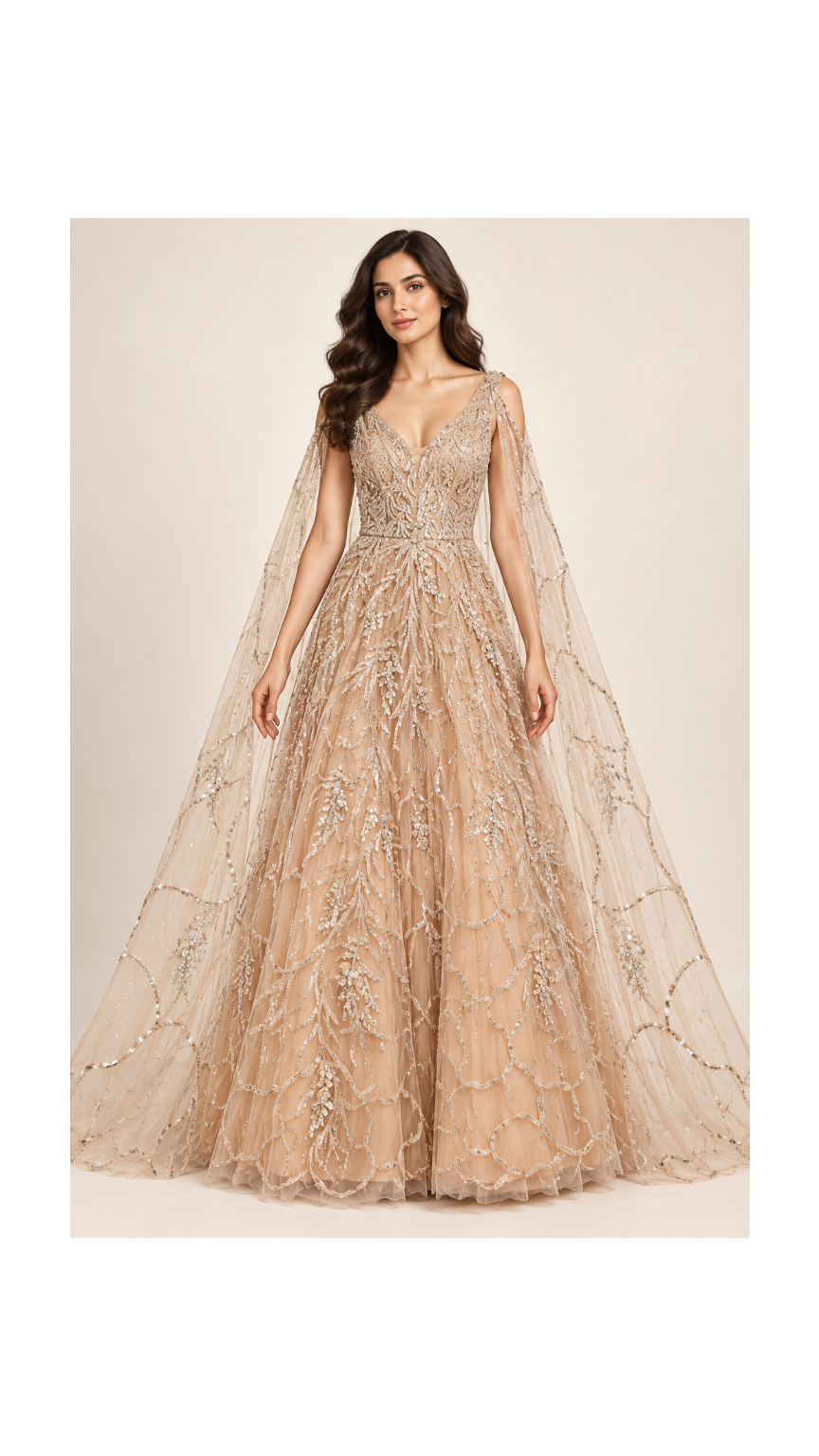 Champagne Gold Botanical Jaal Gown with Split-Shoulder Cape Drape