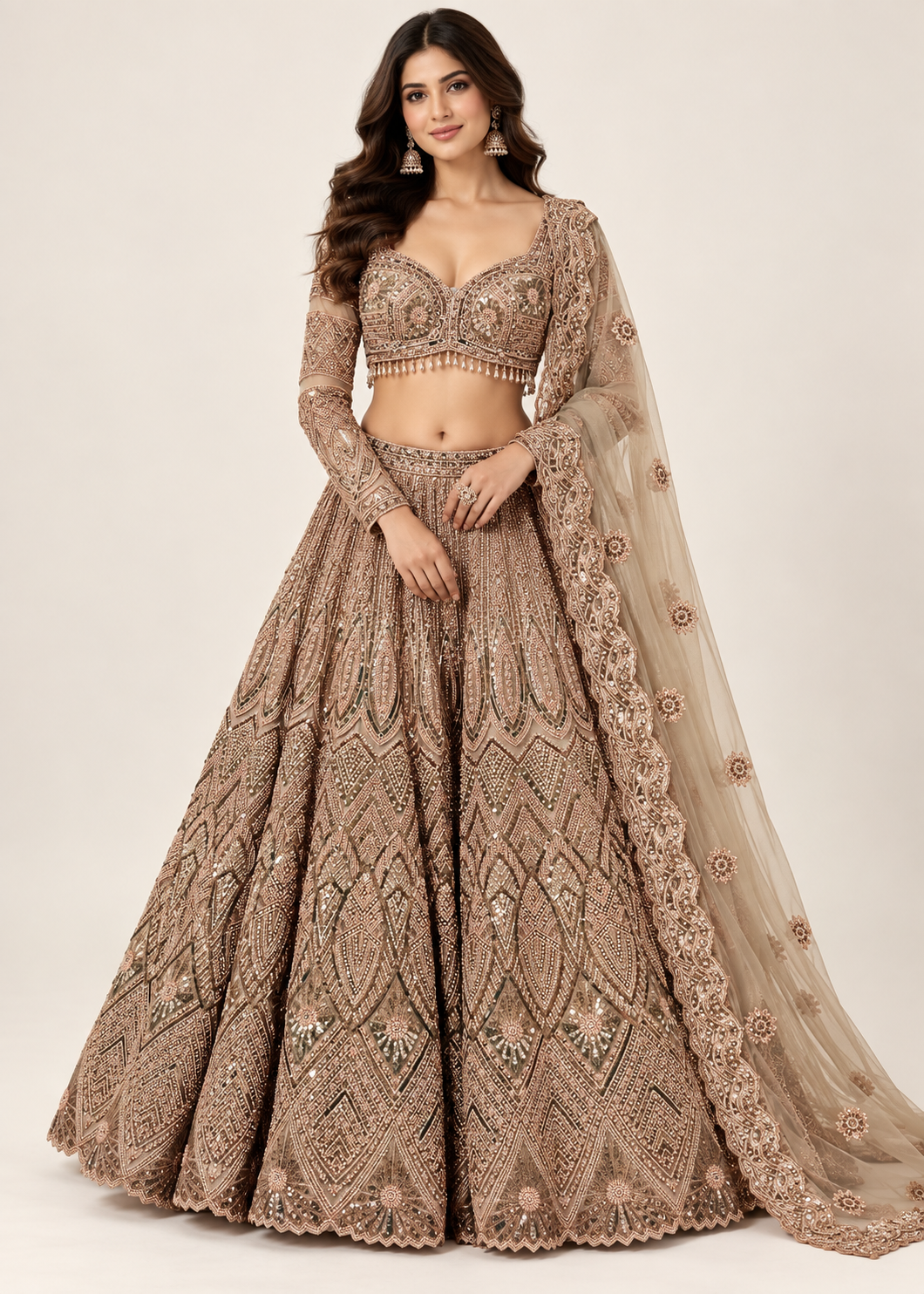 Muted Rose Gold Geometric Bridal Lehenga