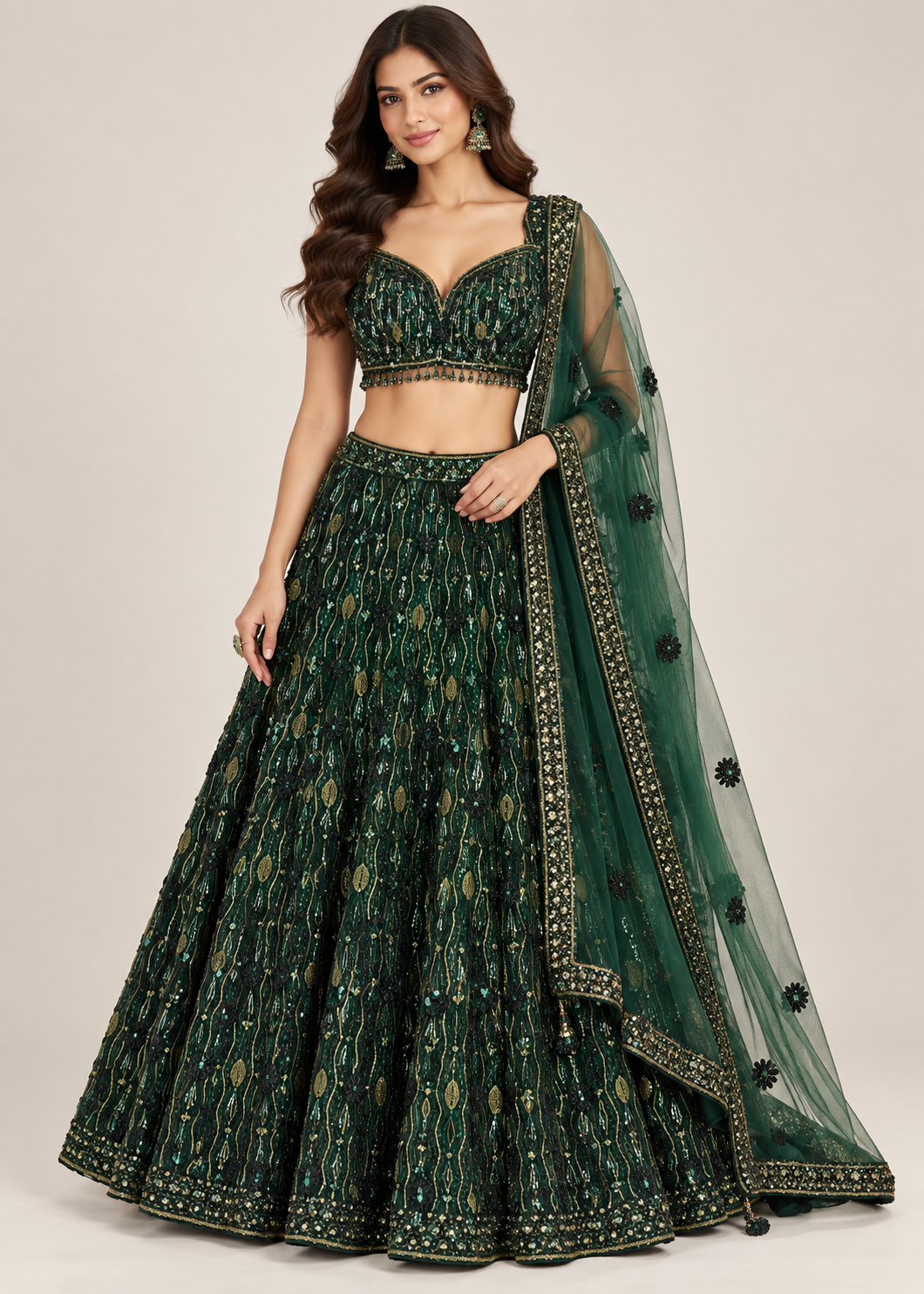 Forest Emerald Green Geometric Sequin Bridal Lehenga Set