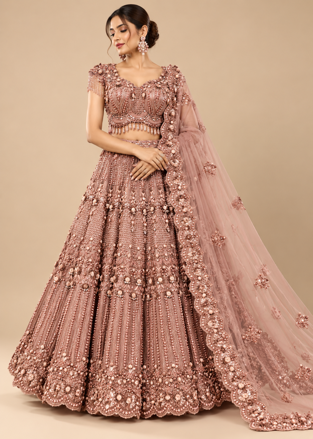 Dusty Rose Textured Pearl Floral Bridal Lehenga