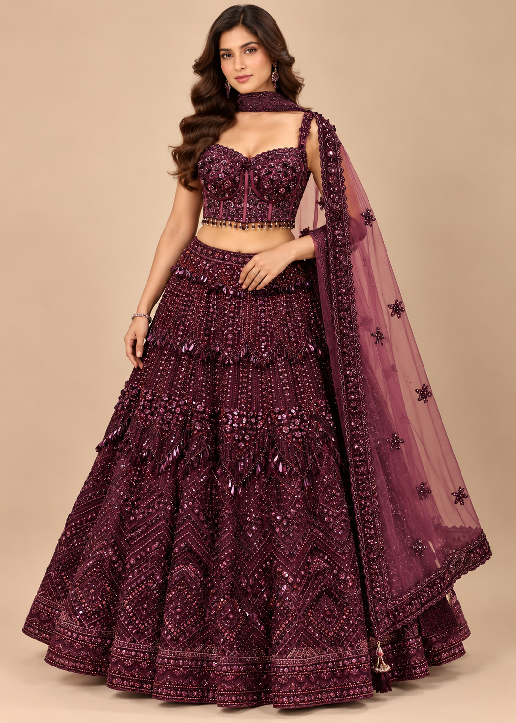Deep Wine Tiered Scallop Corset Bridal Lehenga Set with Choker Drape