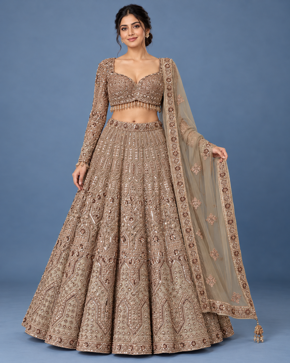 Muted Taupe Heavily Embellished Bridal Lehenga