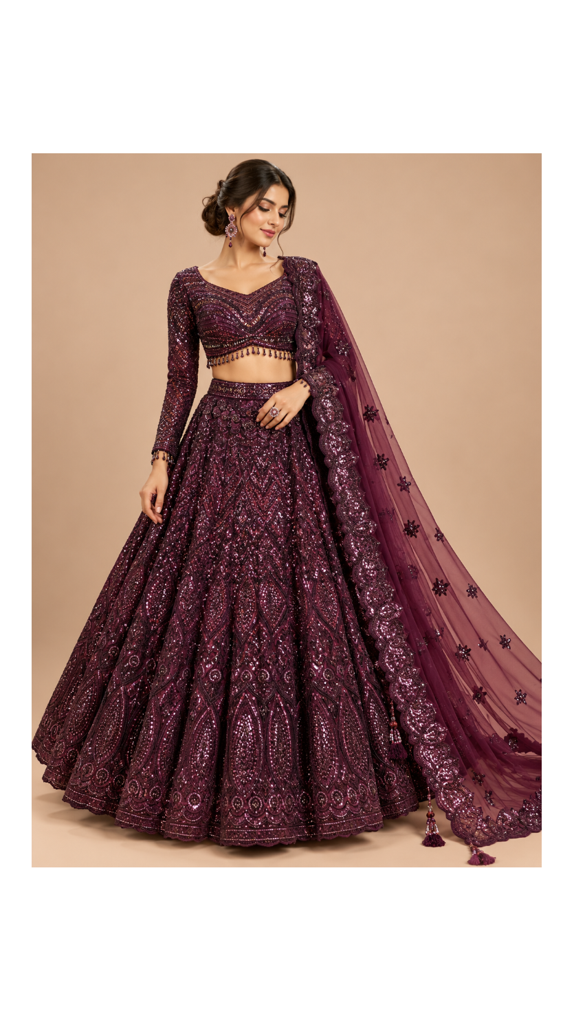 Deep Wine Chevron Sequin Bridal Lehenga