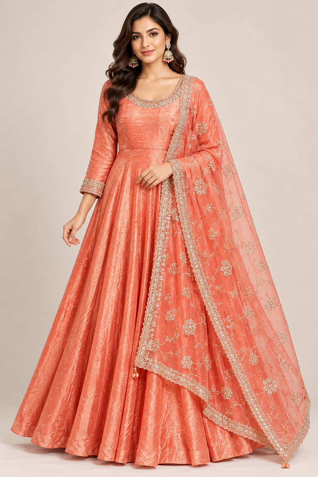 Coral Peach Textured Silk Flared Anarkali Gown with Embroidered Net Dupatta Main image