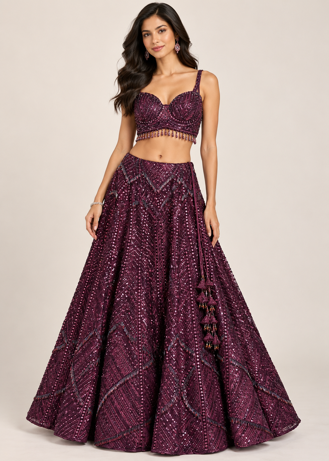 Deep Plum Chevron Sequin &amp; Beaded Bridal Lehenga Set