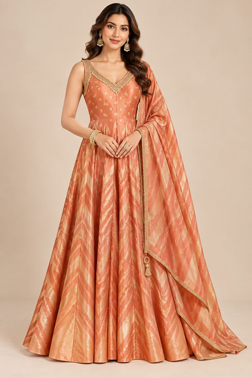 Sunset Coral-Peach Chevron Woven Silk Kalidar Anarkali Gown Set with Dupatta