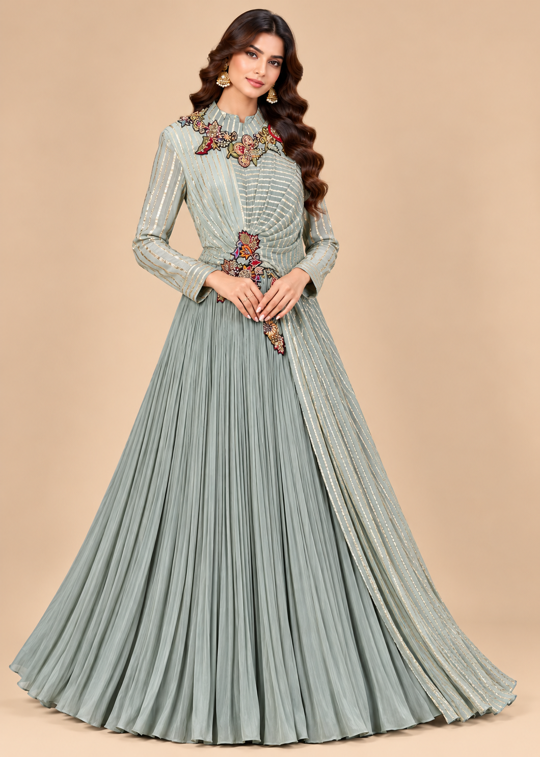Sage Green Pleated Indo-Western Gown