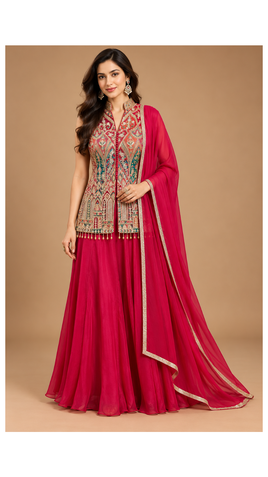 Rani Pink Embroidered Peplum Sharara Set