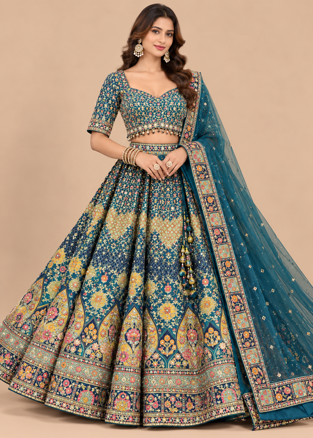 Teal Blue Embroidered Lehenga with Designer Dupatta