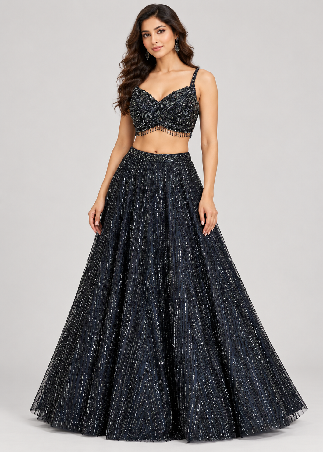 Midnight Blue Linear Sequin & Beaded Bridal Lehenga Set Main image