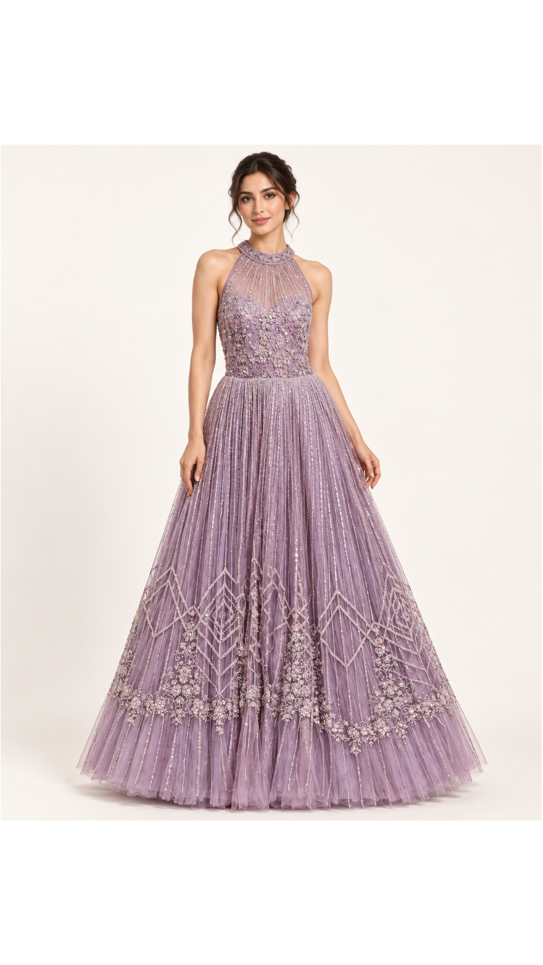 Dusty Lilac Halter Pleated Evening Gown Main image