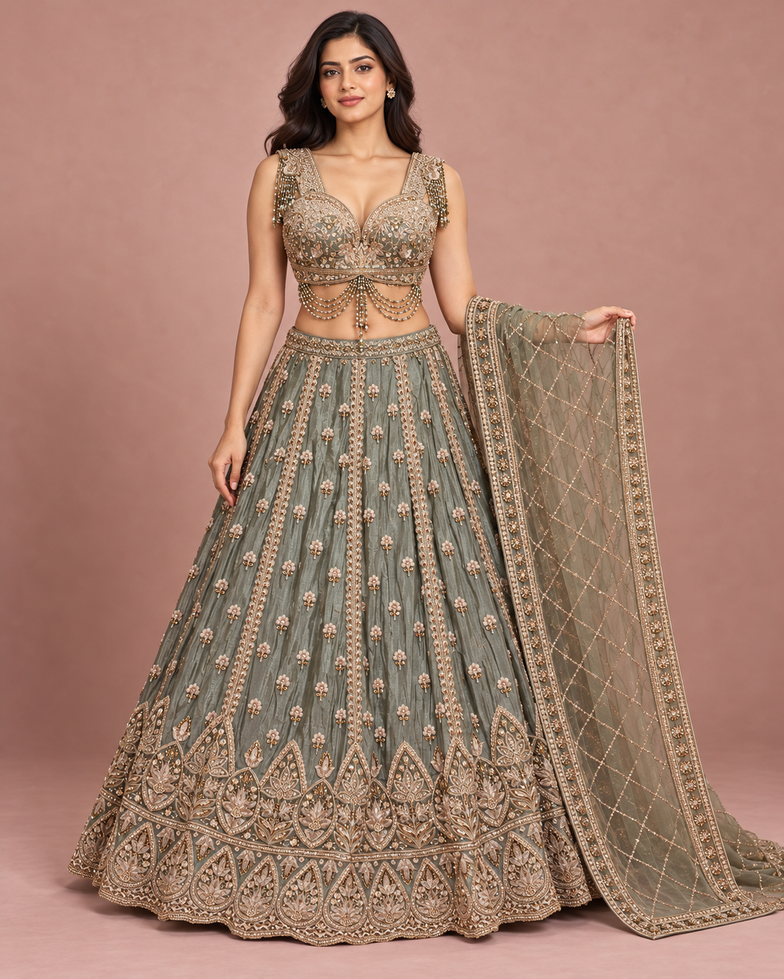 Sage Grey Handcrafted Embroidered Designer Lehenga