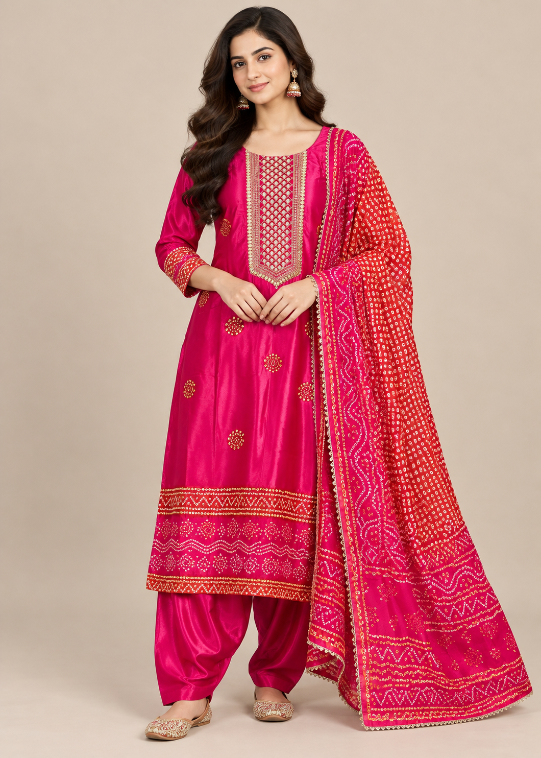 Rani Pink Bandhani Silk Salwar Suit