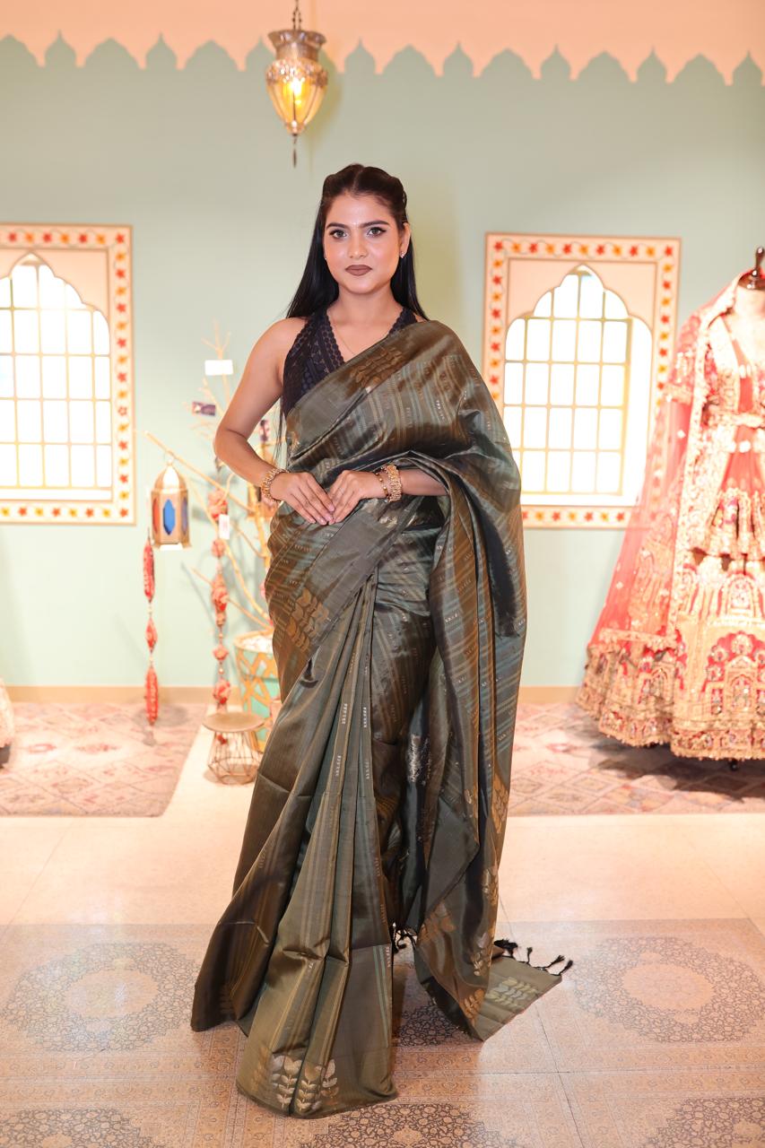 Elegant Olive Green Silk Saree with Zari Stripes and Floral Motifs