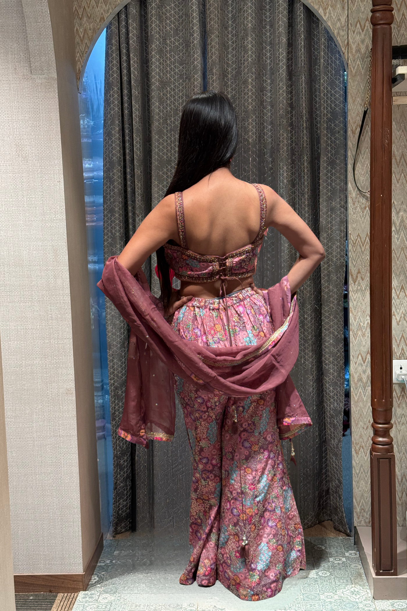 Vibrant Floral Print Pants with Crop Top (3476 M-108)