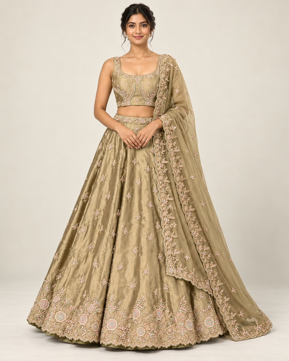 Olive Gold Tissue Silk Embroidered Lehenga Set