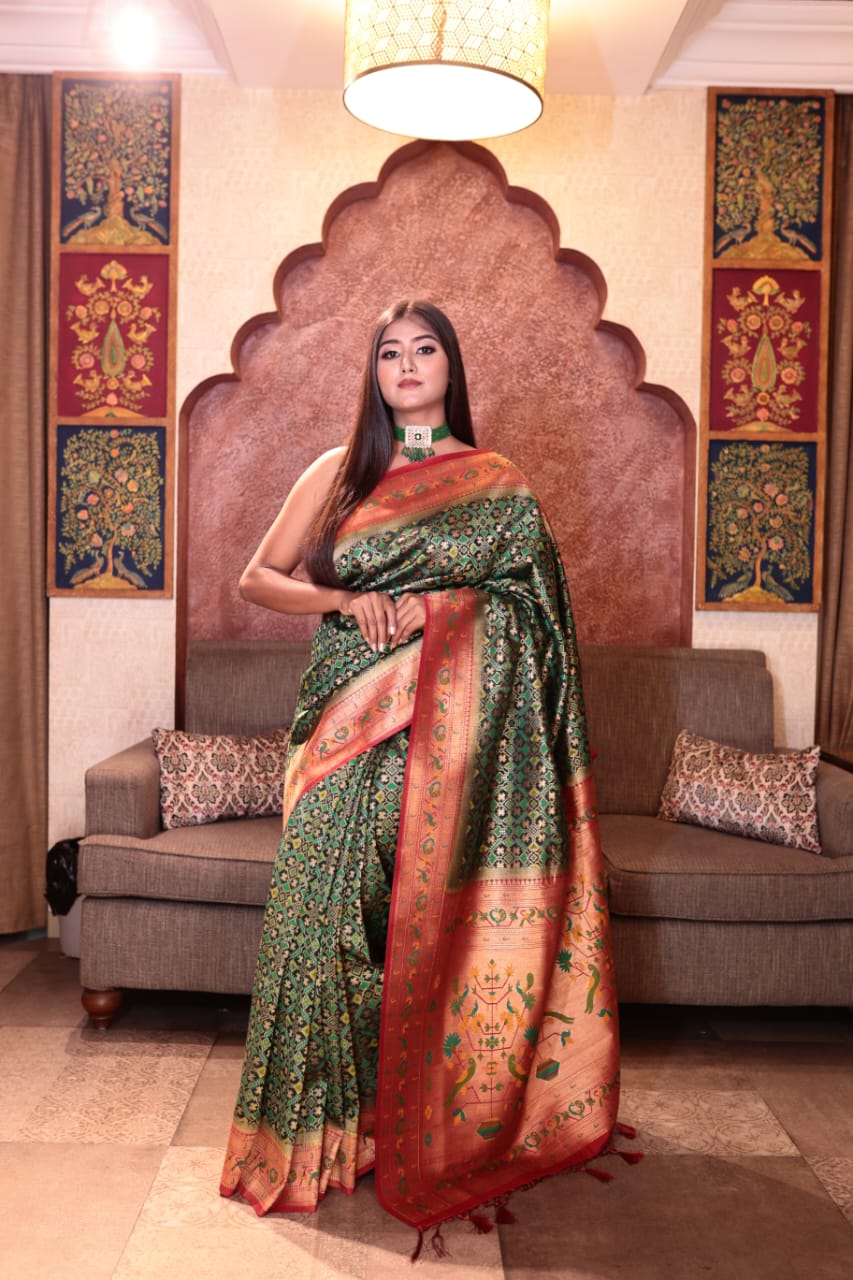 Stunning Red and Dark Green Meenakari Saree