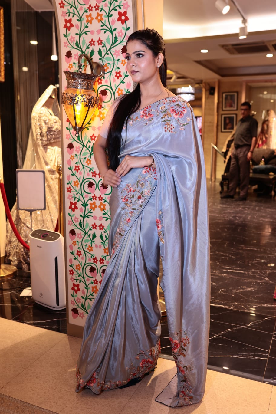 Stunning Turkish Blue Lama Georgette Saree with Floral Embroidery