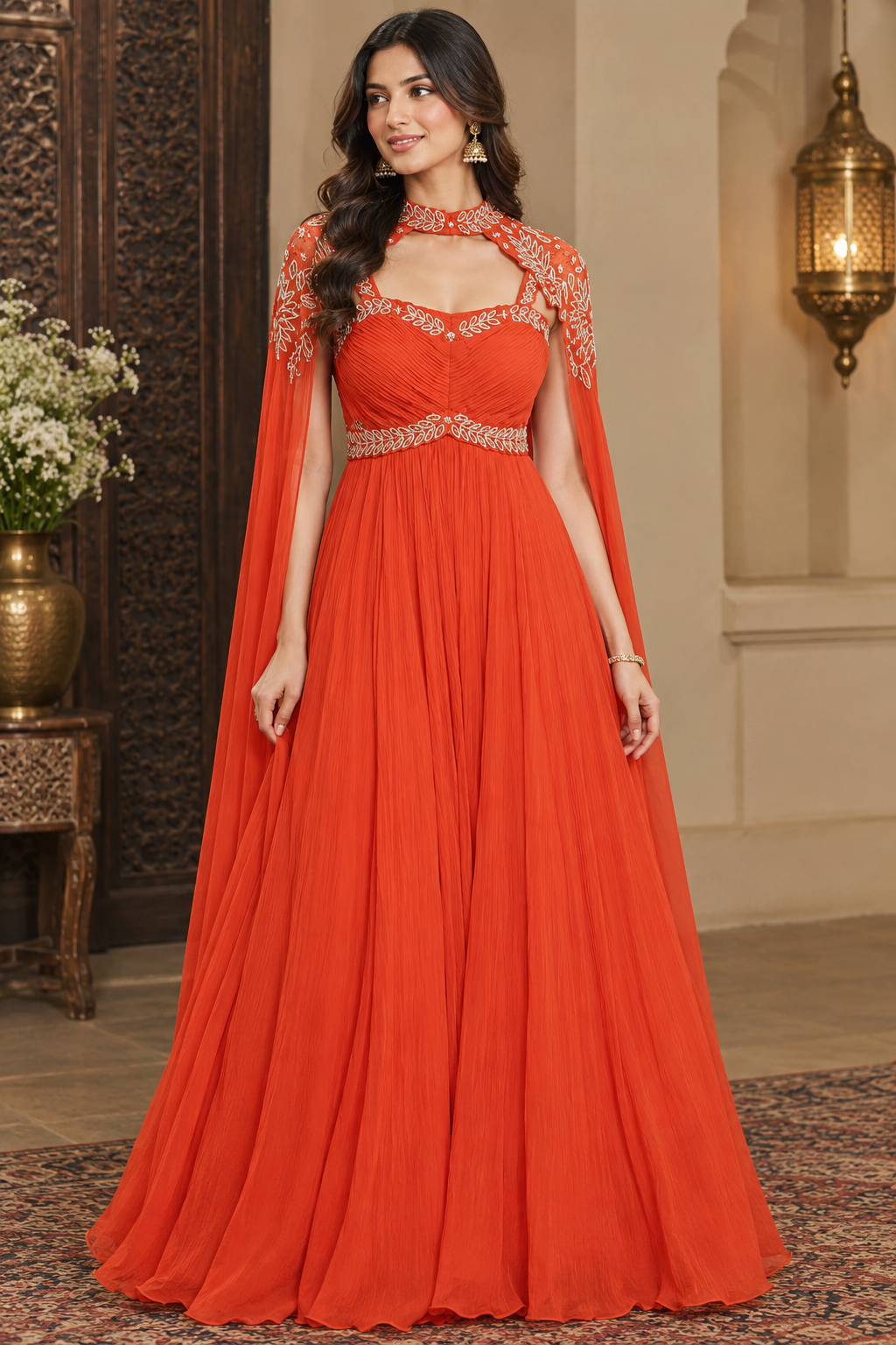 Burnt Orange Pleated Gown with Embellished Cape