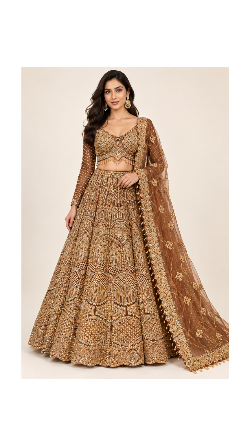 Antique Bronze Heavily Embellished Bridal Lehenga Set