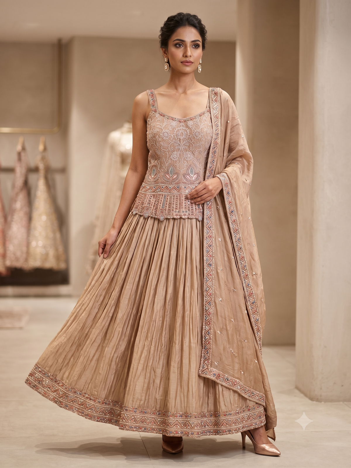 Blush Champagne Peplum Kurti & Pleated Skirt Set