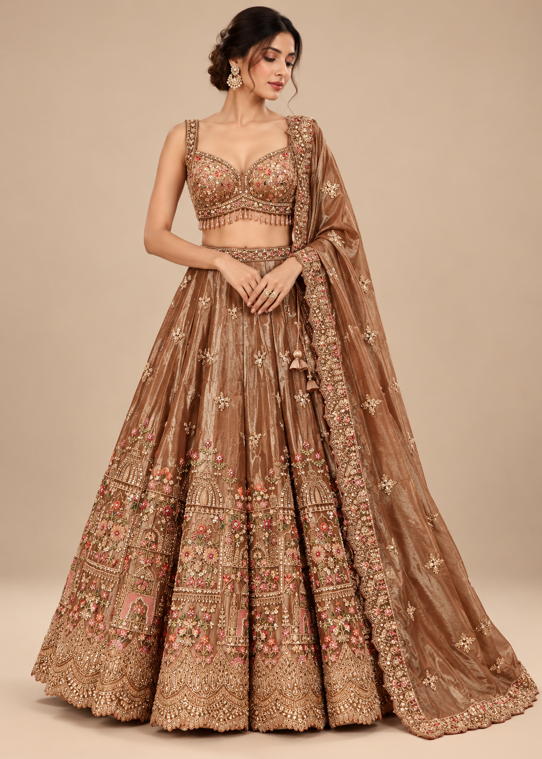 Bronze Gold Jharokha Bridal Lehenga Set Main image