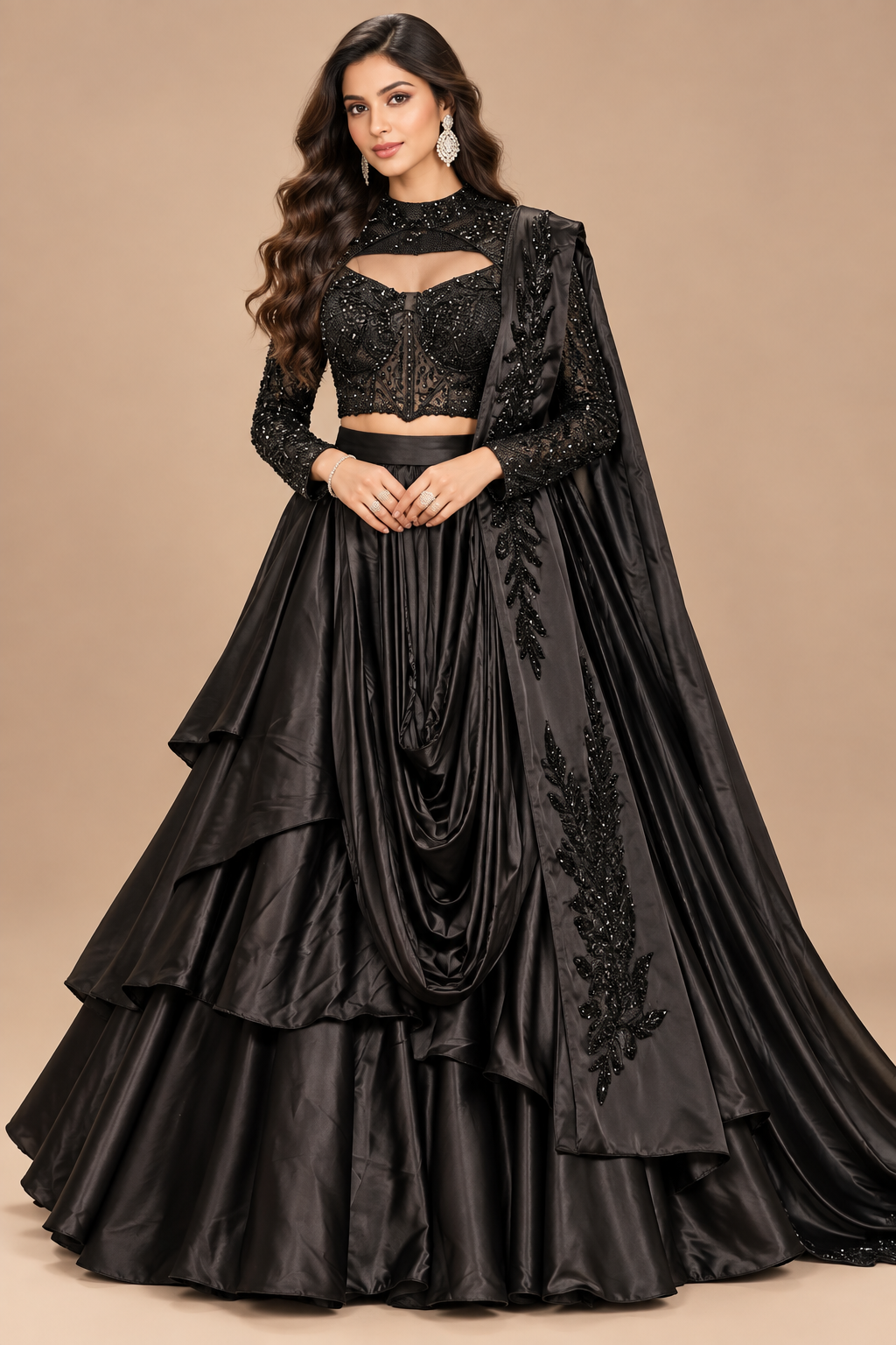 Midnight Black Corset-Style Draped Lehenga Set