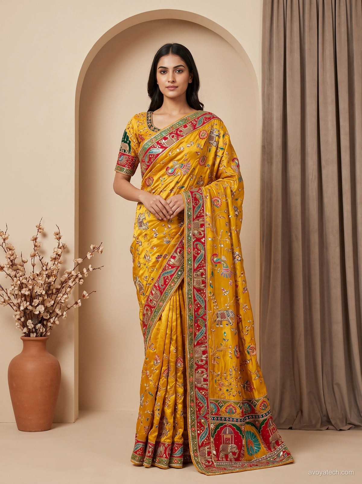Haldi Yellow Silk Saree with Royal Elephant &amp; Peacock Zari Border &amp; Blouse Piece