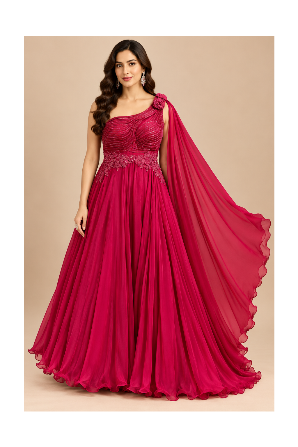 Magenta Rose One-Shoulder Draped Gown & Cascading Cape Train Ensemble