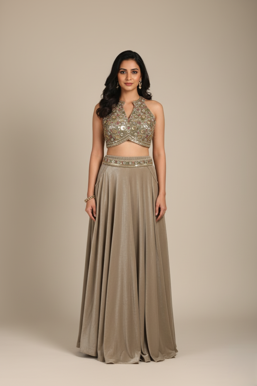 Ethereal Grey Embellished Crop Top and Skirt Set (5187 GA-21)