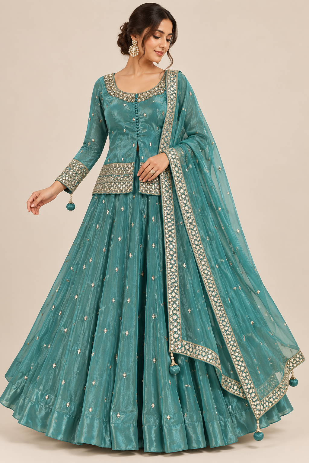 Teal Blue Mirror-Embroidered Jacket Kurti &amp; Flared Skirt Set with Dupatta