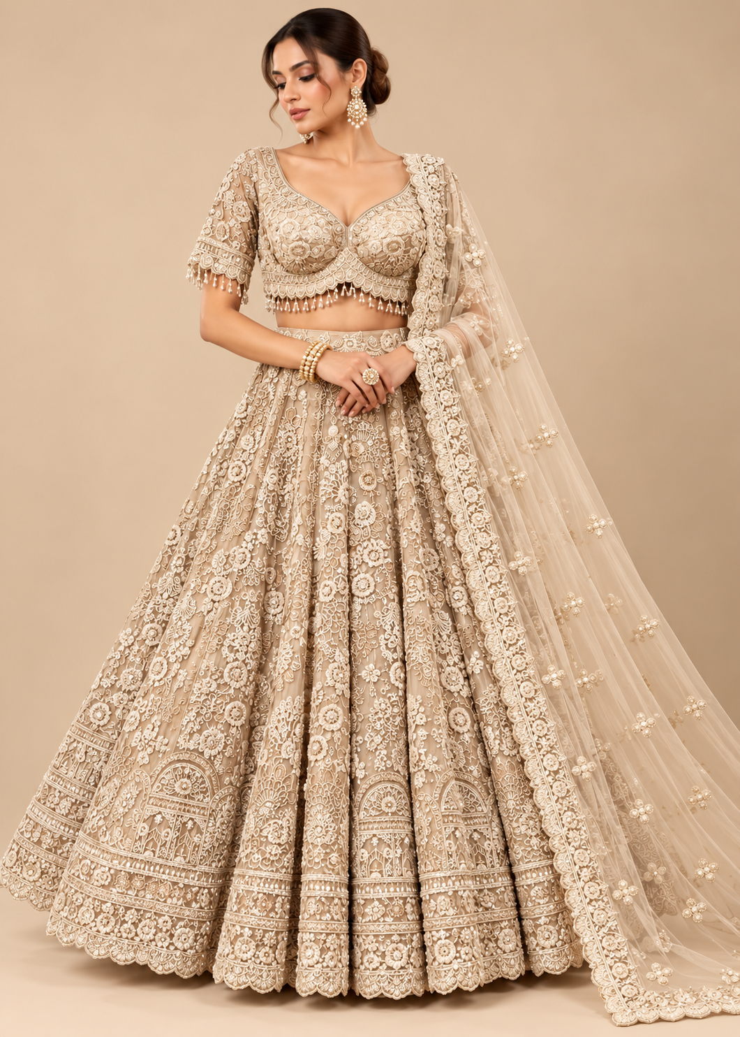 Beige Champagne Heritage Trellis Bridal Lehenga